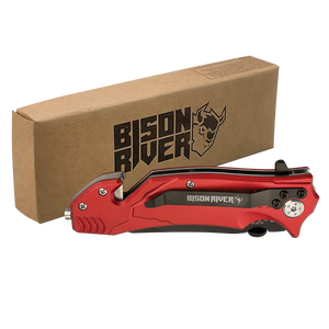 The Custom Laser Engraved Bison River 4 1/2" Rescue Knife, ideal for corporate gifts or giveaways, is shown in front of a brown Bison River branded box on a white background.