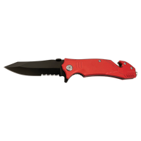 The Custom Laser Engraved Bison River 4 1/2" Rescue Knife by Bison River features a black partially serrated blade, red handle, seatbelt cutter, and glass breaker—ideal for corporate gifts or promotional giveaways.