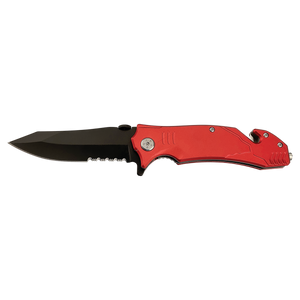 The Custom Laser Engraved Bison River 4 1/2" Rescue Knife by Bison River features a black partially serrated blade, red handle, seatbelt cutter, and glass breaker—ideal for corporate gifts or promotional giveaways.