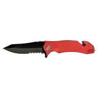 The Bison River Custom Laser Engraved 4 1/2" Rescue Knife features a red handle, partially serrated black blade, and glass breaker tip—ideal for promotional giveaways or corporate gifts.