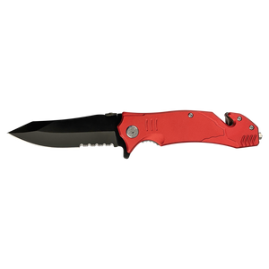 The Bison River Custom Laser Engraved 4 1/2" Rescue Knife features a red handle, partially serrated black blade, and glass breaker tip—ideal for promotional giveaways or corporate gifts.