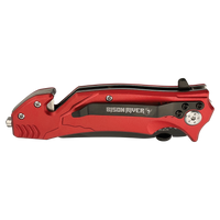 The Bison River Custom Laser Engraved 4 1/2" Rescue Knife features a red folding design, black pocket clip, glass breaker, seatbelt cutter, and is perfect for unique corporate gifts or promotional giveaways.