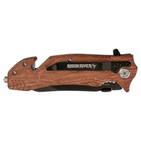 The Bison River Custom Laser Engraved 4 1/2" Rescue Knife features a wooden handle, black metal clip, and glass breaker tip—perfect for corporate gifts or promotional giveaways.