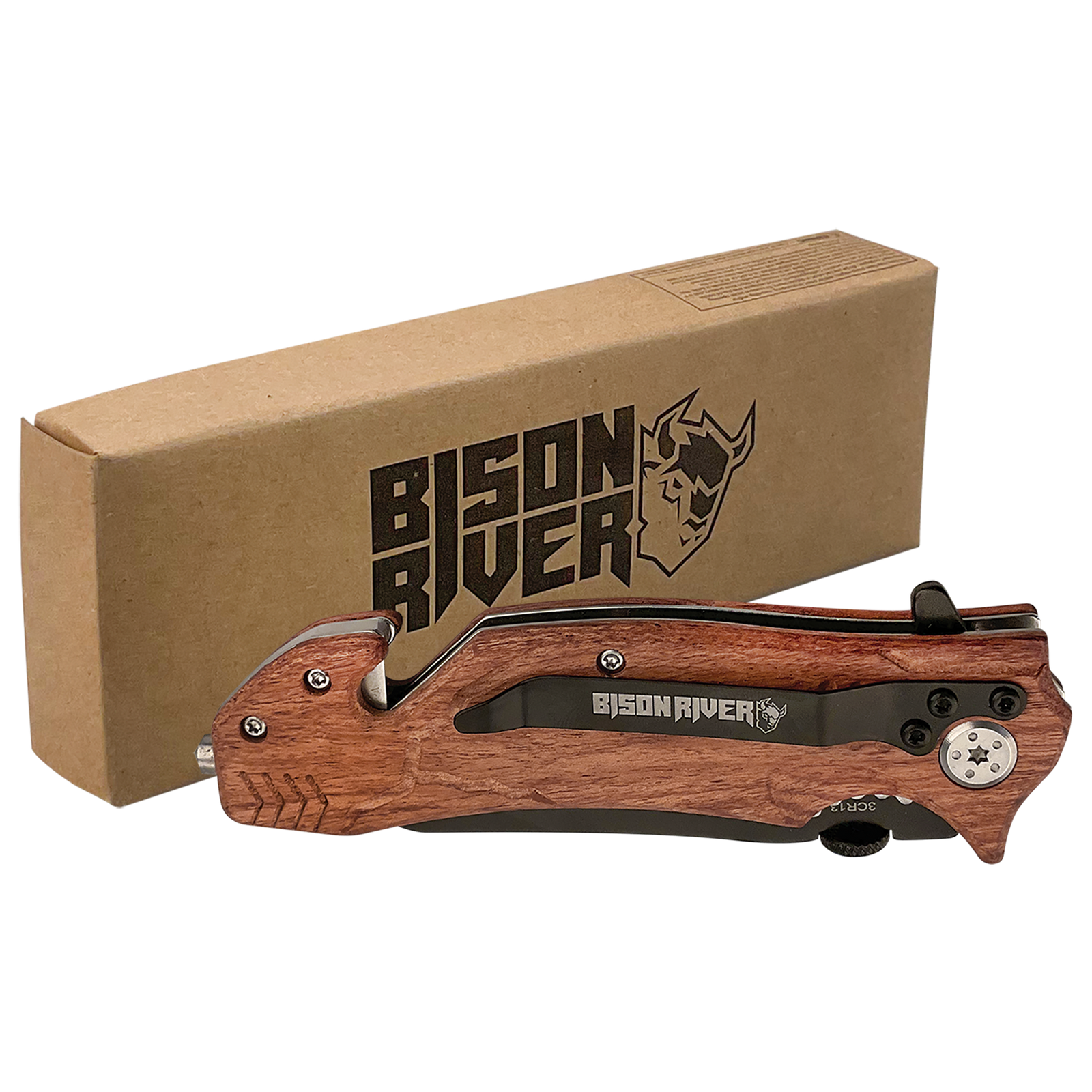 The Custom Laser Engraved Bison River 4 1/2" Rescue Knife features a wooden handle and "Bison River" branding, displayed in front of a brown Bison River box.