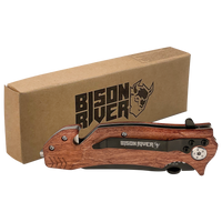 The Custom Laser Engraved Bison River 4 1/2" Rescue Knife features a wooden handle and "Bison River" branding, displayed in front of a brown Bison River box.