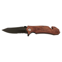 The Bison River Custom Laser Engraved 4 1/2" Rescue Knife features a partially serrated black blade and wooden handle, shown open on a white background—ideal as unique corporate gifts.
