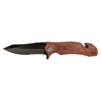 The Custom Laser Engraved Bison River 4 1/2" Rescue Knife by Bison River features a black partially serrated blade, wooden handle, seatbelt cutter, and glass breaker—perfect for corporate gifts or unique promotional giveaways.