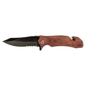 The Custom Laser Engraved Bison River 4 1/2" Rescue Knife by Bison River features a black partially serrated blade, wooden handle, seatbelt cutter, and glass breaker—perfect for corporate gifts or unique promotional giveaways.
