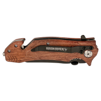 The Custom Laser Engraved Bison River 4 1/2" Rescue Knife features a wooden handle, metal clip, and Bison River branding—perfect for corporate gifts or promotional giveaways. Shown closed, ready for your logo.