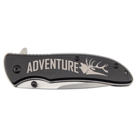The Bison River Custom Laser Engraved 4 1/4" Everyday Carry Knife has a black handle with "ADVENTURE" and a stag's head etched on the side—perfect for personalized corporate gifts or promotional giveaways.