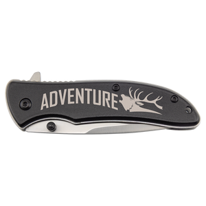 The Bison River Custom Laser Engraved 4 1/4" Everyday Carry Knife has a black handle with "ADVENTURE" and a stag's head etched on the side—perfect for personalized corporate gifts or promotional giveaways.