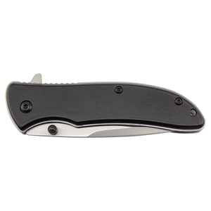 The Bison River 4 1/4" Everyday Carry Knife features a black handle and visible metal edge, ideal for custom laser engraving as a corporate gift or promotional giveaway. Shown closed against a white background.