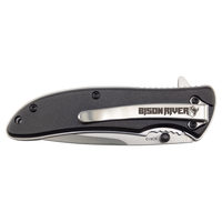 The Custom Laser Engraved Bison River 4 1/4" Everyday Carry Knife features a black handle and metal clip, making it an ideal corporate gift or unique promotional giveaway.