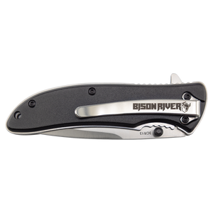 The Custom Laser Engraved Bison River 4 1/4" Everyday Carry Knife features a black handle and metal clip, making it an ideal corporate gift or unique promotional giveaway.