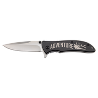 The Bison River Custom Laser Engraved 4 1/4" Everyday Carry Knife features a black handle labeled "ADVENTURE", a deer head image, and is perfect for corporate gifts or promotional giveaways. Shown with the blade open.