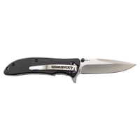 The Custom Laser Engraved Bison River 4 1/4" Everyday Carry Knife features a black handle and silver blade with Bison River branding—perfect for corporate gifts—shown on a plain white background.