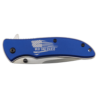 A closed Bison River Custom Laser Engraved 4 1/4" Everyday Carry Knife features "Best Dad Ever" and an American flag design on the handle.