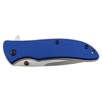 The Bison River Custom Laser Engraved 4 1/4" Everyday Carry Knife with a blue handle and visible screws is shown closed against a white background, ideal for promotional giveaways or corporate gifts.
