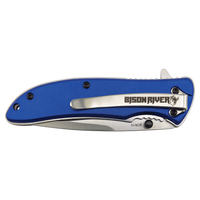 The Custom Laser Engraved Bison River 4 1/4" Everyday Carry Knife features a blue handle, silver clip, and partially visible blade—ideal for personalized corporate gifts.