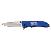 The Bison River Custom Laser Engraved 4 1/4" Everyday Carry Knife features a blue handle with an American flag and "Best Dad Ever"—ideal for personalized corporate gifts or promotional giveaways.