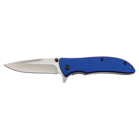 The Bison River Custom Laser Engraved 4 1/4" Everyday Carry Knife features a stainless steel blade and blue handle, shown open on a white background—perfect for promotional giveaways or personalized corporate gifts.