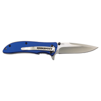 The Bison River Custom Laser Engraved 4 1/4" Everyday Carry Knife features a blue handle and stainless steel blade—perfect branded corporate gifts or standout promotional giveaways.
