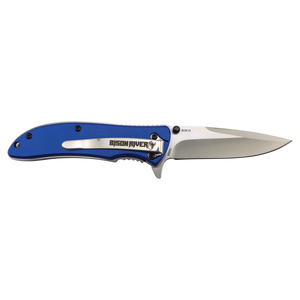The Bison River Custom Laser Engraved 4 1/4" Everyday Carry Knife features a blue handle and stainless steel blade—perfect branded corporate gifts or standout promotional giveaways.