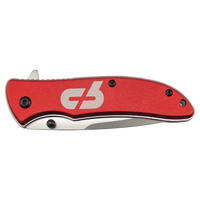 The Bison River Custom Laser Engraved 4 1/4" Everyday Carry Knife features a red handle with black screws and a white logo—perfect for memorable corporate gifts or distinctive promotional giveaways.