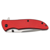 The Custom Laser Engraved Bison River 4 1/4" Everyday Carry Knife features a red handle and partly visible stainless steel blade in the closed position—perfect for corporate gifts or promotional giveaways.