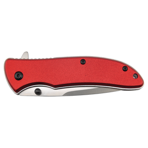 The Custom Laser Engraved Bison River 4 1/4" Everyday Carry Knife features a red handle and partly visible stainless steel blade in the closed position—perfect for corporate gifts or promotional giveaways.