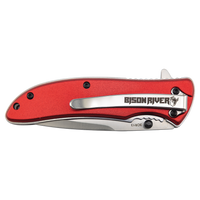 The Custom Laser Engraved Bison River 4 1/4" Everyday Carry Knife features a folded red handle with a silver clip, engraved with "Bison River" and bison logo—ideal for promotional giveaways or corporate gifts, shown on a white background.