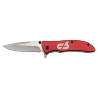 The Bison River Custom Laser Engraved 4 1/4" Everyday Carry Knife features a silver blade and red handle with a white logo, shown on a plain white background—ideal for corporate gifts or promos, with custom engraving available.