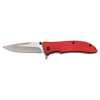 The Bison River Custom Laser Engraved 4 1/4" Everyday Carry Knife features a silver blade and red handle—ideal for corporate gifts or promotional giveaways—shown against a plain white background.