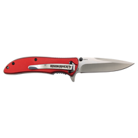 The Custom Laser Engraved Bison River 4 1/4" Everyday Carry Knife features a red handle and stainless steel blade—perfect as a corporate gift or promotional giveaway.