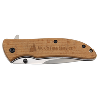 The Bison River Custom Laser Engraved 4 1/4" Everyday Carry Knife features a wooden handle engraved with "JACK'S TREE SERVICE" and a tree logo—ideal as a branded corporate gift or promotional giveaway.