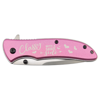 The Bison River Custom Laser Engraved 4 1/4" Everyday Carry Knife features a pink handle, "Classy with a savage side" engraving, and heart accents—perfect for unique promotional giveaways or memorable corporate gifts.