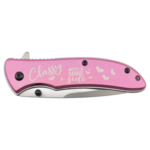 The Bison River Custom Laser Engraved 4 1/4" Everyday Carry Knife features a pink handle, "Classy with a savage side" engraving, and heart accents—perfect for unique promotional giveaways or memorable corporate gifts.