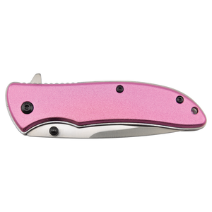 The Bison River Custom Laser Engraved 4 1/4" Everyday Carry Knife features a pink handle and partially visible stainless steel blade in a closed position—perfect for promotional giveaways or personalized corporate gifts.