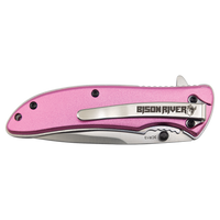 The Custom Laser Engraved Bison River 4 1/4" Everyday Carry Knife features a closed pink handle, silver clip, black screws, and is perfect for corporate gifts or promotional giveaways.