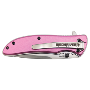 The Custom Laser Engraved Bison River 4 1/4" Everyday Carry Knife features a closed pink handle, silver clip, black screws, and is perfect for corporate gifts or promotional giveaways.