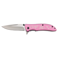 The Bison River Custom Laser Engraved 4 1/4" Everyday Carry Knife features a silver blade and pink handle with "Classy with a savage side" and heart accents—ideal for promotional giveaways.
