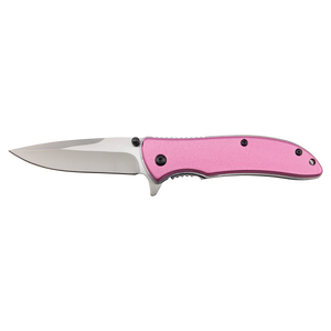 The Custom Laser Engraved Bison River 4 1/4" Everyday Carry Knife by Bison River features a silver blade and pink handle, making it ideal for corporate gifts or promotional giveaways. Displayed against a plain white background.