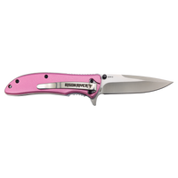 The Custom Laser Engraved Bison River 4 1/4" Everyday Carry Knife features a pink handle and silver blade with the Bison River logo, ideal for promotional giveaways or corporate gifts. Shown against a white background.