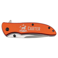 The Bison River 4 1/4" Everyday Carry Knife features a custom laser-engraved orange handle with a dog, birds, and "Carter," making it ideal for corporate gifts or promotional giveaways.