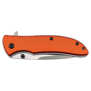 The Bison River Custom Laser Engraved 4 1/4" Everyday Carry Knife features an orange handle with black screws, shown on a white background—perfect for branded corporate gifts or promotional giveaways.