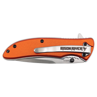 The Custom Laser Engraved Bison River 4 1/4" Everyday Carry Knife features an orange handle, silver clip, and "Bison River" branding—ideal for corporate gifts or promotional giveaways.