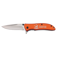 The Bison River Custom Laser Engraved 4 1/4" Everyday Carry Knife features a silver blade, orange handle labeled "CARTER," and a horse rider graphic—ideal for custom corporate gifts.