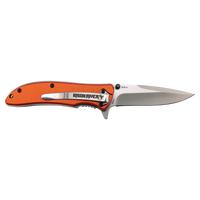 The Custom Laser Engraved Bison River 4 1/4" Everyday Carry Knife features an orange handle and silver blade—perfect for branded corporate gifts or unique promotional giveaways.