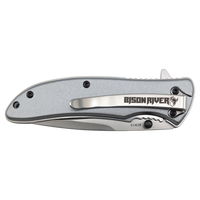 The Custom Laser Engraved Bison River 4 1/4" Everyday Carry Knife features a metal handle, pocket clip, and custom "Bison River" engraving with a bison logo—perfect for corporate gifts or promotional giveaways.