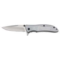 The Bison River 4 1/4" Everyday Carry Knife by Bison River features a silver handle custom laser engraved with "Barbaro Tuning & Performance" and a car outline, plus a partially serrated blade—ideal for promotions or corporate gifts.